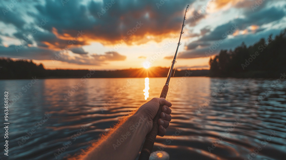 Fishing on the lake. Quiet rest. Fishing rod in hands FPV. Setting sun Fishing on the lake. Quiet rest. Fishing rod in hands FPV. Setting sun