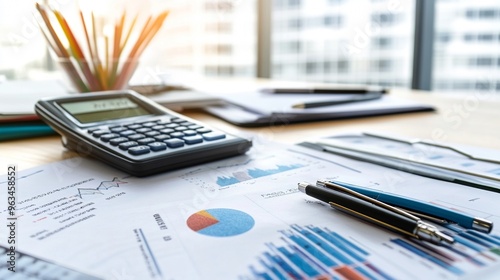 Close-up of a business plan document with financial graphs and a calculator