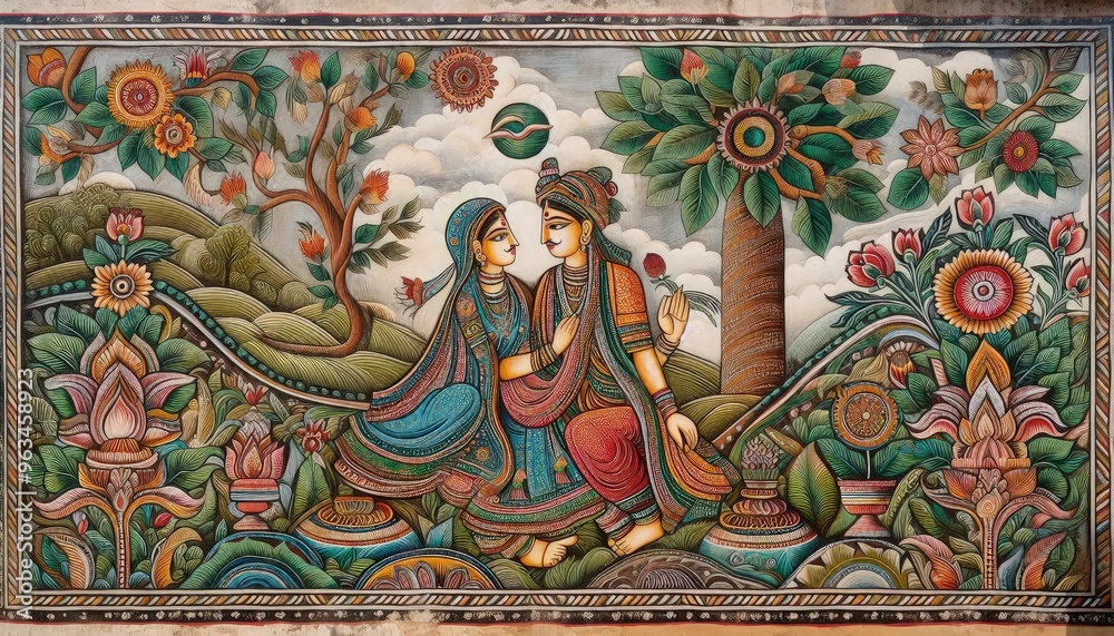 Fototapeta premium High-resolution stock photograph of a wall featuring a Traditional Madhubani style painting of a couple, intricately detailed with vivid colors on a rustic textured background
