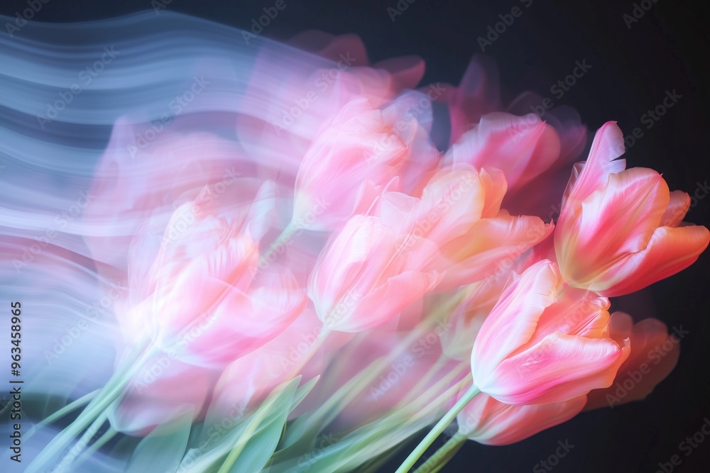 Long exposure of pink tulips in motion with blurred petals. Long exposure of pink tulips in motion with blurred petals.