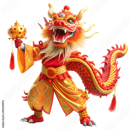 Vibrant Traditional Chinese Dragon Puppet cut out. isolated on transparent background. Copy space.