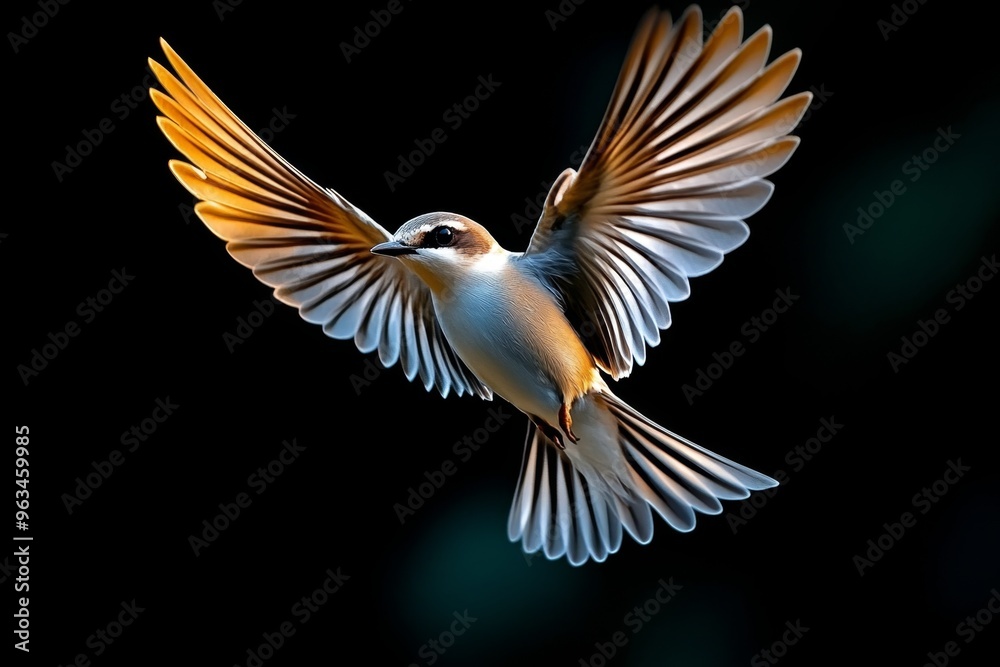 Bird hovering in the breeze, wings flapping steadily as it looks down at the bustling world below, calm and serene in the sky Bird hovering in the breeze, wings flapping steadily as it looks down at the bustling world below, calm and serene in the sky
