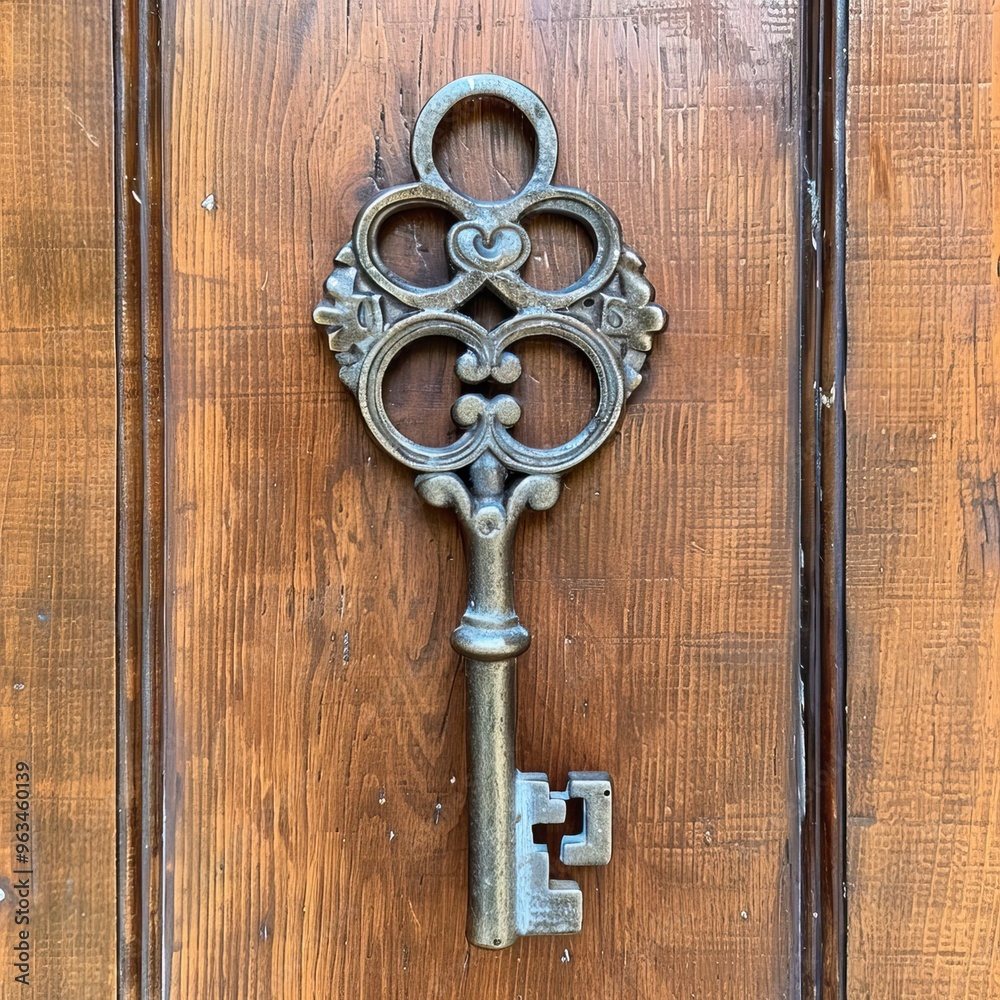 Skeleton key hanging on Solid wood door Skeleton key hanging on Solid wood door