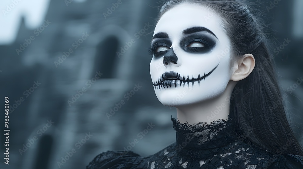 A haunting portrait of a woman with skull makeup and goth attire, set against a mysterious, ancient backdrop. A haunting portrait of a woman with skull makeup and goth attire, set against a mysterious, ancient backdrop.