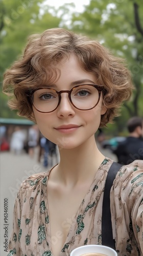 A woman wearing glasses and holding a cup of coffee photo