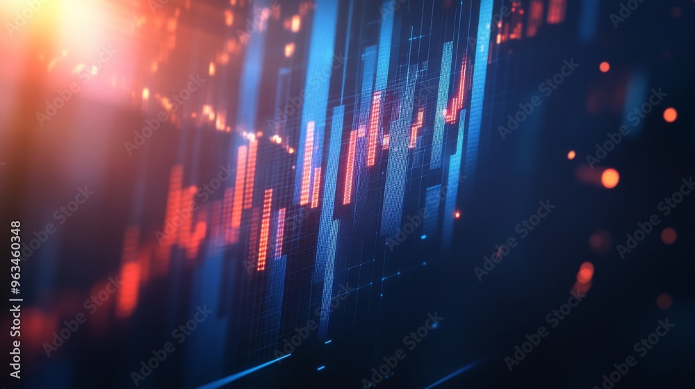 Obraz premium Colorful abstract lights with bright and blurred city background. Financial graphs, stock charts.