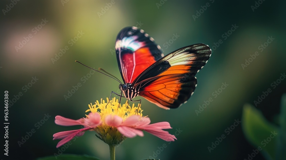 Macro shot of a colorful butterfly perched on a flower, showcasing its vibrant wings and delicate details in a natural setting Macro shot of a colorful butterfly perched on a flower, showcasing its vibrant wings and delicate details in a natural setting