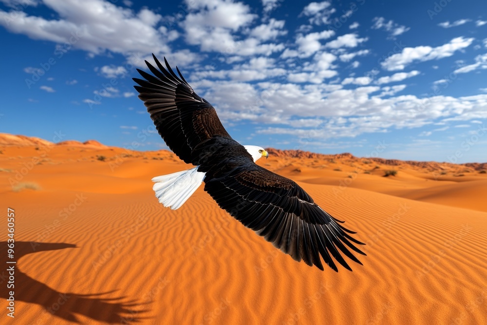 Naklejka premium Bird soaring over a desert, casting a shadow on the sand as it glides silently across the barren landscape