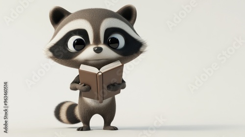 A cute raccoon character reading a book, showcasing curiosity and playfulness.