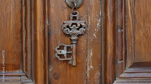 Skeleton key hanging on Solid wood door