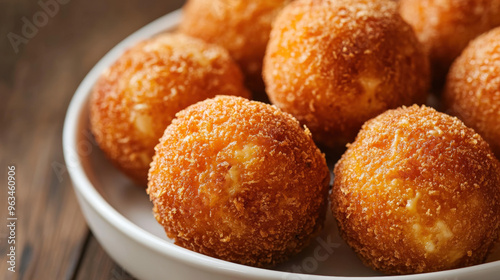 A plate of fried dough balls sits on a wooden table