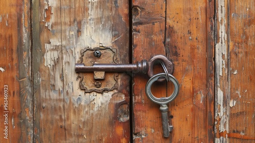 Skeleton key hanging on Solid wood door