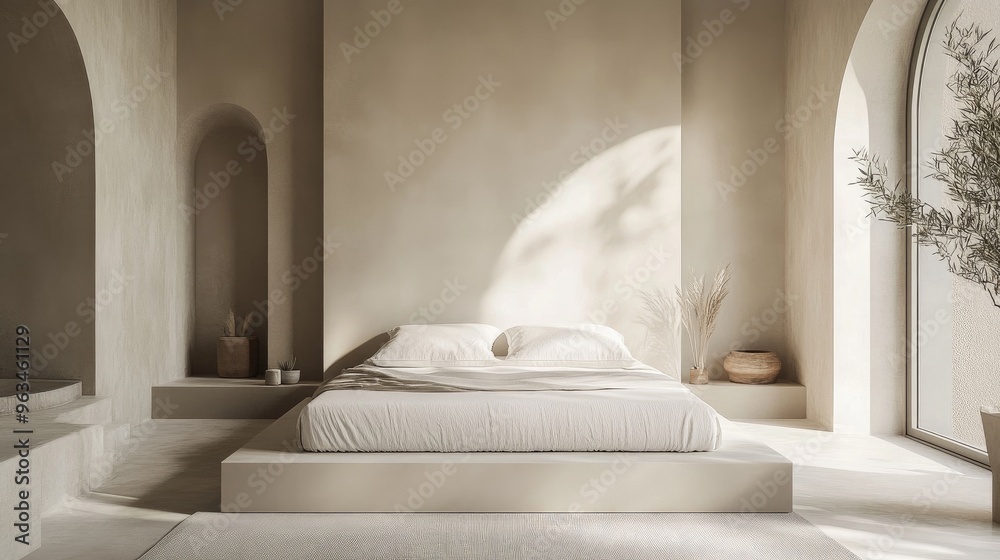 Minimalist bedroom with a low-profile bed, crisp white linens, and a few carefully chosen decorative elements against a neutral wall Minimalist bedroom with a low-profile bed, crisp white linens, and a few carefully chosen decorative elements against a neutral wall