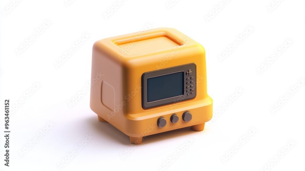A cute yellow kitchen appliance resembling a toaster with a microwave interface. A cute yellow kitchen appliance resembling a toaster with a microwave interface.