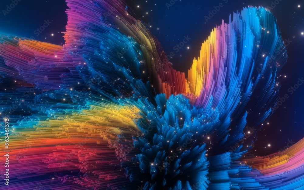 Cosmic rainbow burst. Abstract rainbow streaks with twinkling stars, symbolizing energy and creativity. Cosmic rainbow burst. Abstract rainbow streaks with twinkling stars, symbolizing energy and creativity.