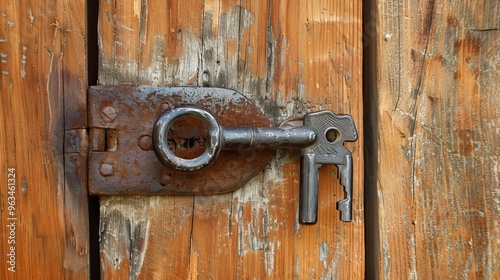 Skeleton key hanging on Solid wood door