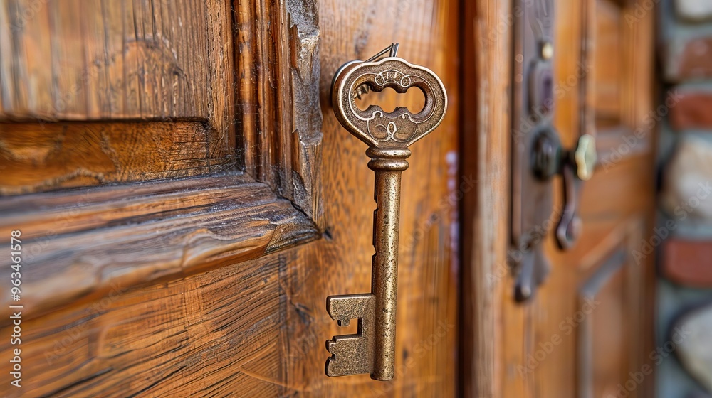 Fototapeta premium Skeleton key hanging on Solid wood door