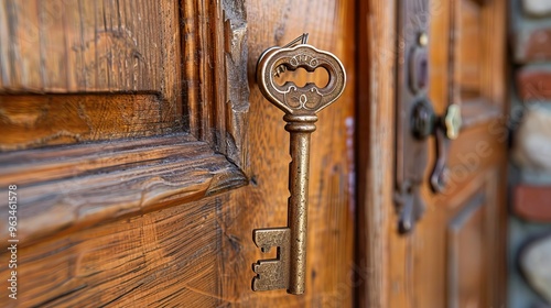 Skeleton key hanging on Solid wood door