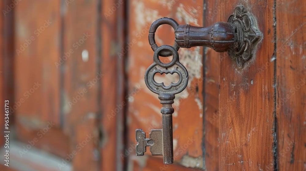 Skeleton key hanging on Solid wood door Skeleton key hanging on Solid wood door