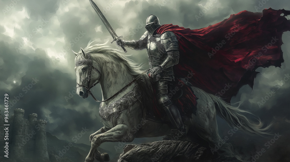 Majestic Dark Knight on a White Horse with Crimson Cape Riding Through ...