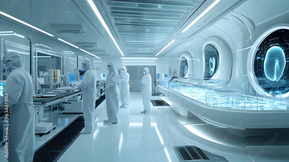 Obraz premium Cutting-edge Medical Research Lab with Researchers in Clean-room Suits and Advanced Analytical Instruments
