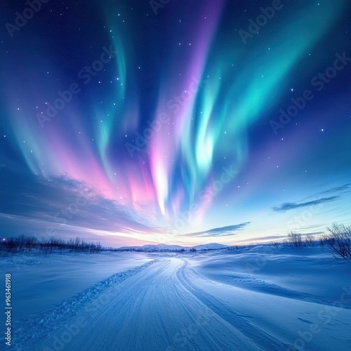 A winter landscape illuminated by Northern Lights, with a snow-covered road leading towards the horizon, perfect for travel, adventure, and nature-themed content,