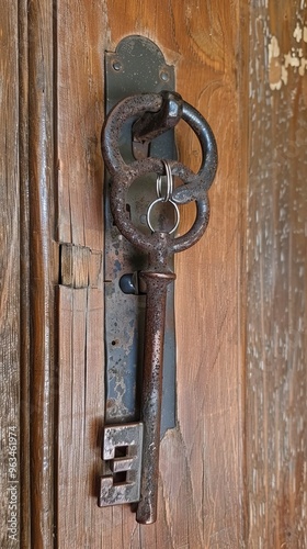 Skeleton key hanging on Solid wood door