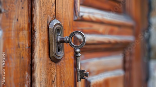 Skeleton key hanging on Solid wood door