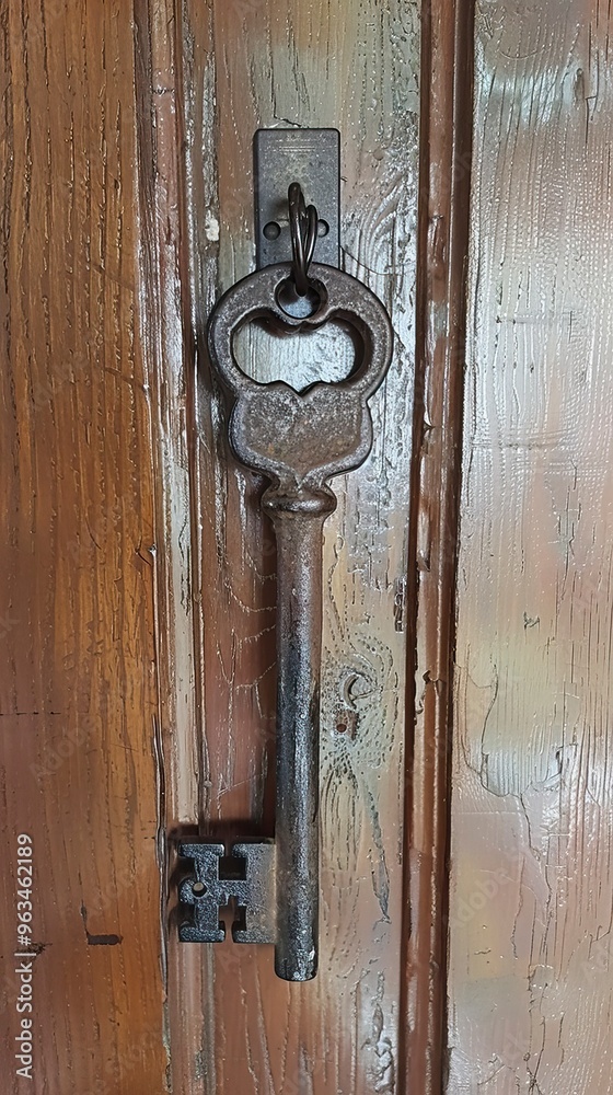 Fototapeta premium Skeleton key hanging on Solid wood door