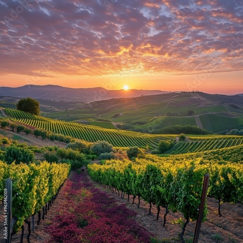 Wallpaper Mural A tranquil vineyard at sunset, with rows of lush grapevines under a dramatic sky, perfect for travel brochures, wine advertisements, and nature-themed publications, Torontodigital.ca