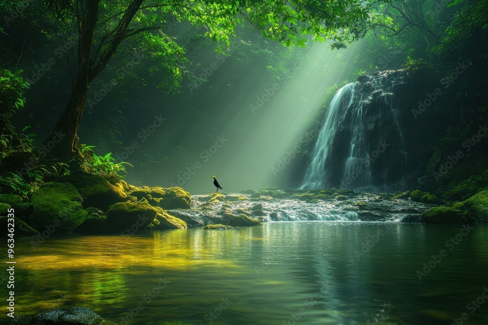 Serene waterfall in a lush, green forest with sunlight filtering through the trees perfect for nature, tranquility, and travel themes, Serene waterfall in a lush, green forest with sunlight filtering through the trees perfect for nature, tranquility, and travel themes,