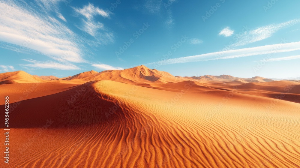 A stunning desert landscape showcasing vast sand dunes under a clear blue sky with wispy clouds ideal for travel brochures, nature magazines, or backgrounds for presentations and websites, A stunning desert landscape showcasing vast sand dunes under a clear blue sky with wispy clouds ideal for travel brochures, nature magazines, or backgrounds for presentations and websites,