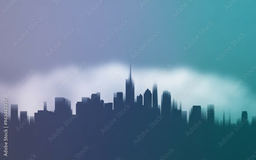 Cityscape silhouette. Skyline of a city with tall buildings and a foggy sky.