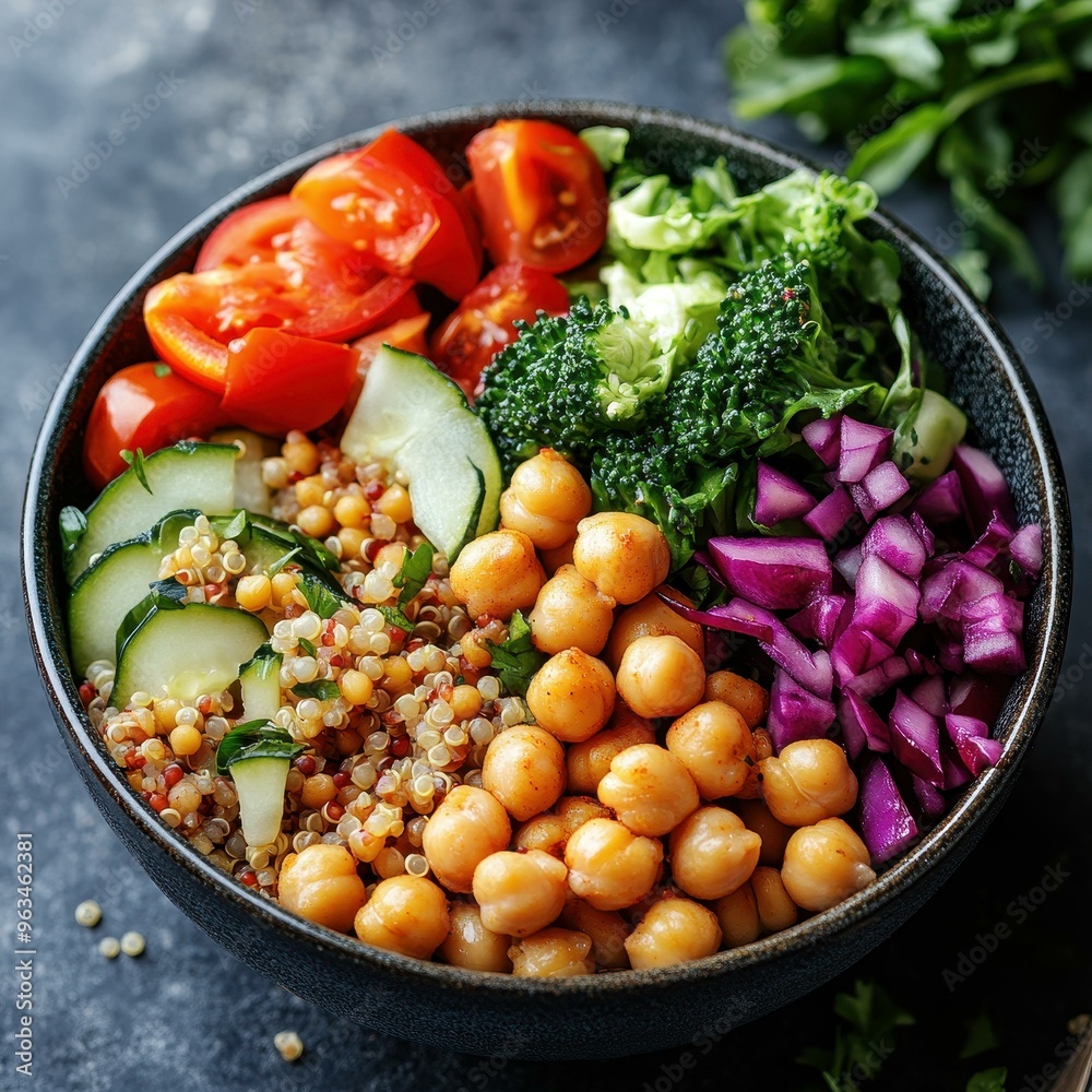 A colorful bowl filled with fresh vegetables like tomatoes, cucumbers, broccoli, purple cabbage, and chickpeas, perfect for healthy eating or vegan lifestyle content, A colorful bowl filled with fresh vegetables like tomatoes, cucumbers, broccoli, purple cabbage, and chickpeas, perfect for healthy eating or vegan lifestyle content,