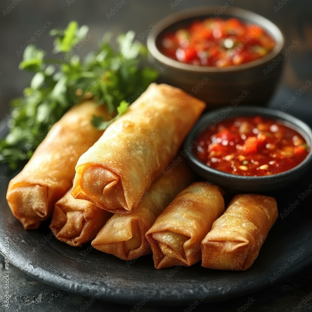 Crispy spring rolls served on a black plate with two small bowls of vibrant red dipping sauces and garnished with fresh parsley ideal for culinary websites, recipes, or restaurant menus, Crispy spring rolls served on a black plate with two small bowls of vibrant red dipping sauces and garnished with fresh parsley ideal for culinary websites, recipes, or restaurant menus,