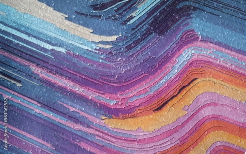 Abstract colorful stripes. Wavy striped pattern in shades of purple, blue, pink, orange, and yellow, resembling layers of rock or geological formations. photo