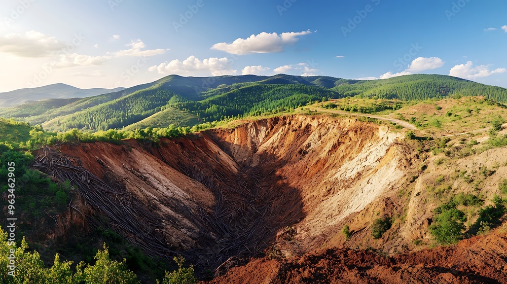 Obraz premium Expansive view of eroded hillsides due to deforestation, representing the loss of natural barriers and increased vulnerability to landslides.