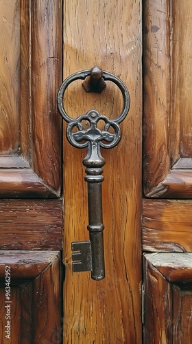 Skeleton key hanging on Solid wood door