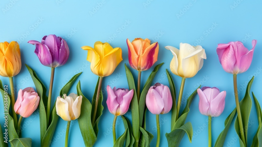 Vibrant tulip flowers on a blue background for valentine s day and women s day celebrations Vibrant tulip flowers on a blue background for valentine s day and women s day celebrations