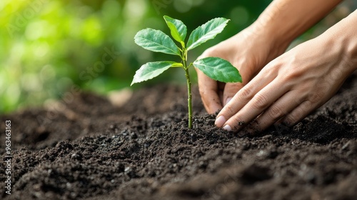 Person planting a young tree sapling in a garden bed, with a focus on their hands digging the soil and the new plant being carefully placed