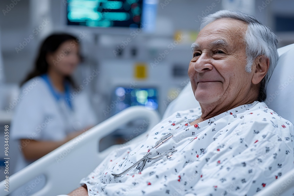 Obraz premium Elderly Patient Resting Comfortably in Hospital Bed with Attentive Medical Professionals Monitoring Progress