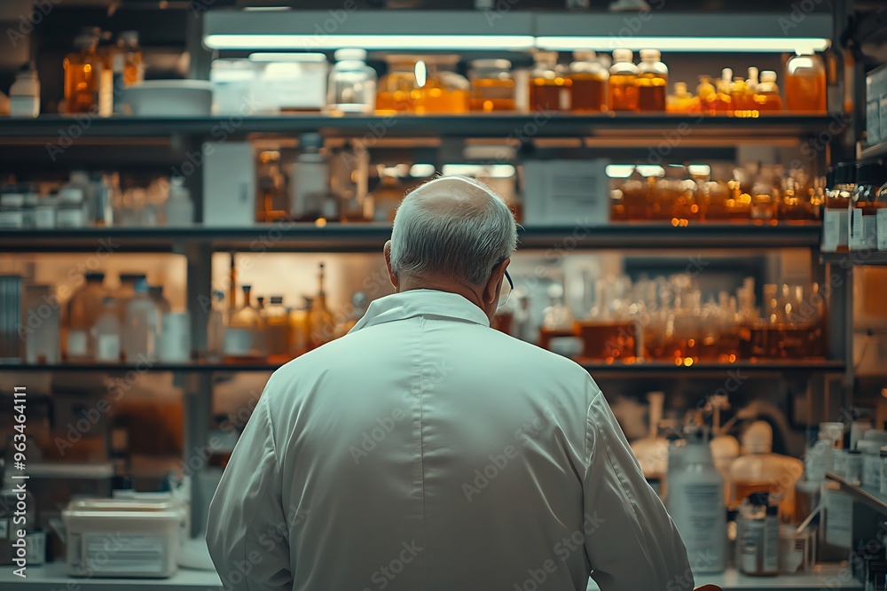 Elder scientist in lab coat working in busy laboratory, glassware-filled shelves, organized chaos, focused Elder scientist in lab coat working in busy laboratory, glassware-filled shelves, organized chaos, focused