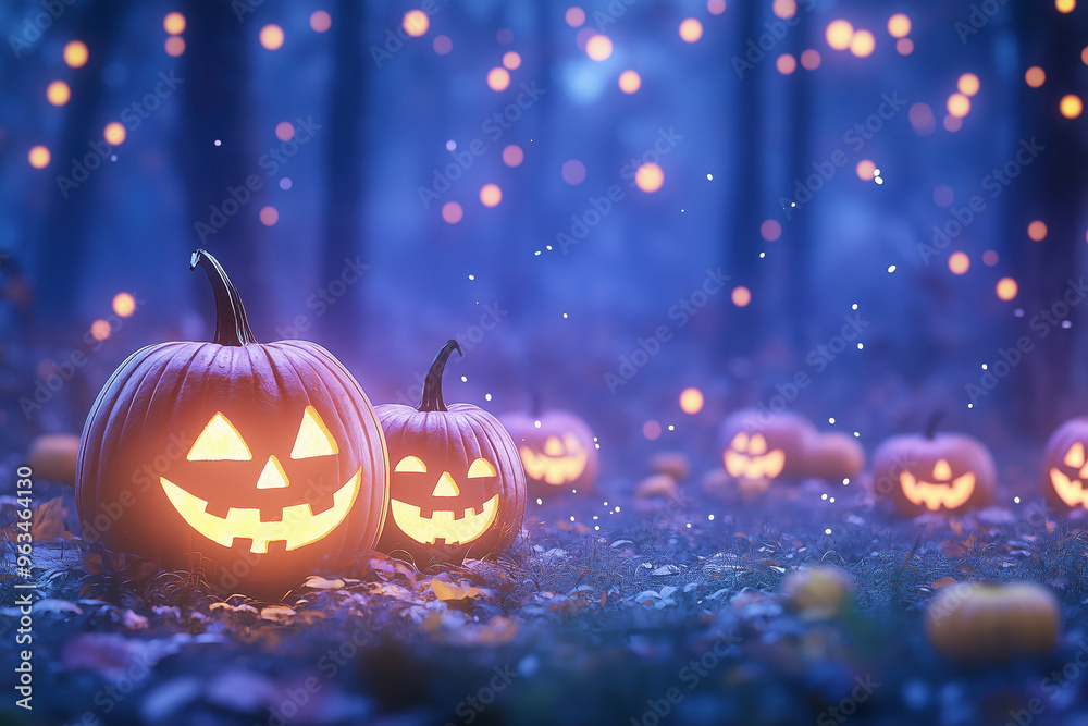 Fototapeta premium Glowing jack-o'-lanterns in an enchanted forest with twinkling lights and mist