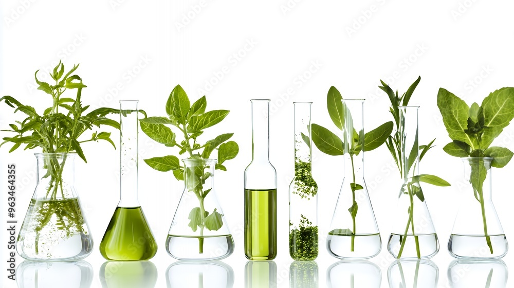 Green plants in beakers and flasks with liquid. Green plants in beakers and flasks with liquid.