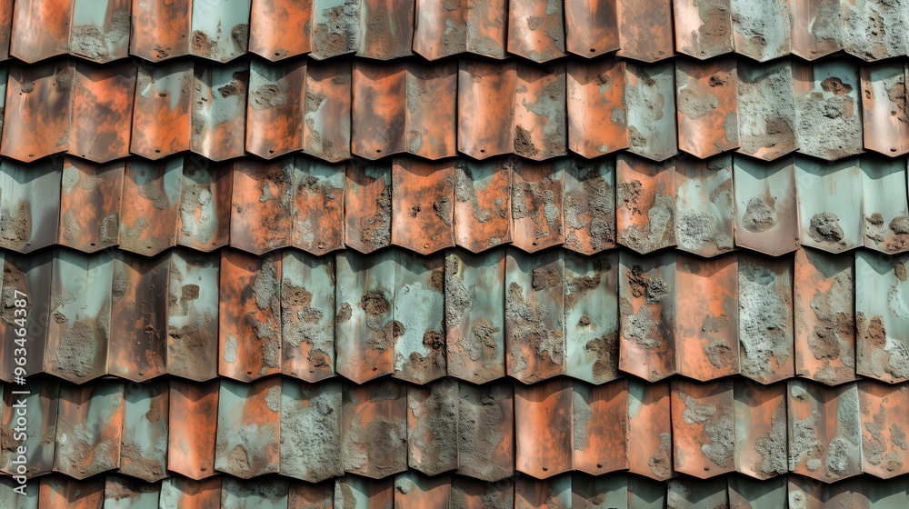 A weathered, corrugated metal roof with peeling paint and rust stains, displaying a distressed and textured appearance. A weathered, corrugated metal roof with peeling paint and rust stains, displaying a distressed and textured appearance.