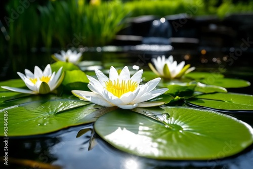 Country house with a pond, water lilies blooming and dragonflies darting over the surface in the bright summer light