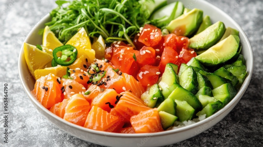 Salmon and avocado poke bowl with a variety of fresh ingredients, arranged beautifully in a bowl with a modern, clean background Salmon and avocado poke bowl with a variety of fresh ingredients, arranged beautifully in a bowl with a modern, clean background