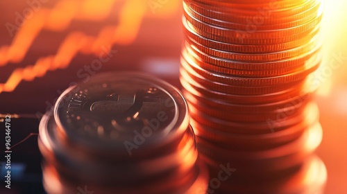 Golden stack of coins burning in the dark, symbolizing financial wealth and investmen photo