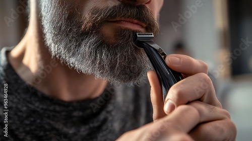 Man trimming beard with electric trimmer, close-up hands and chin, home bathroom, natural light