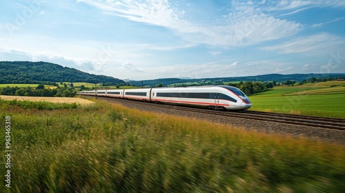 Side view of a high-speed train passing through a picturesque countryside, with fields and hills in the background, emphasizing its swift motion